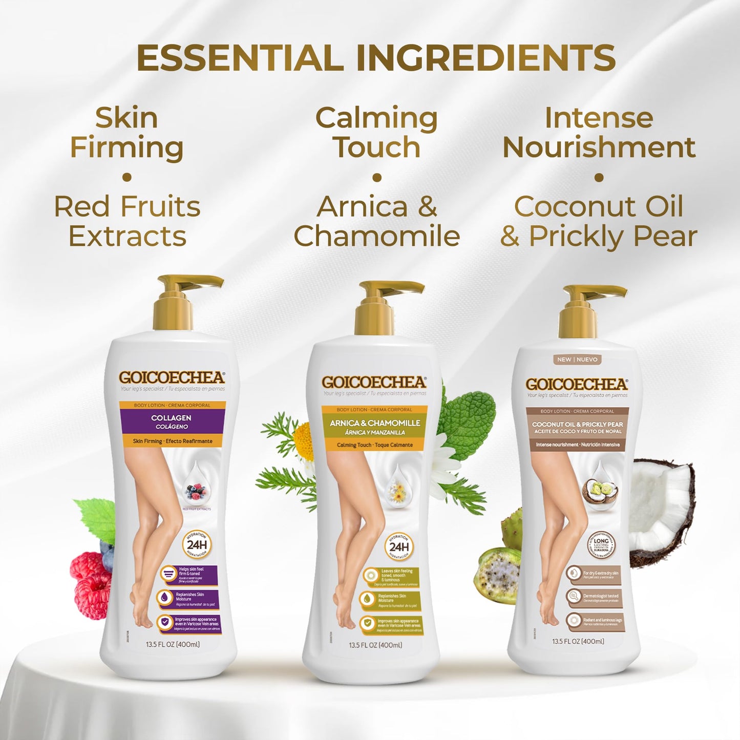 Goicoechea Body Lotion Variety Pack | Arnica & Chamomile for Lighter Legs, Collagen Elastin for Skin Firming, Coconut Oil & Prickly Pear for Dry Skin