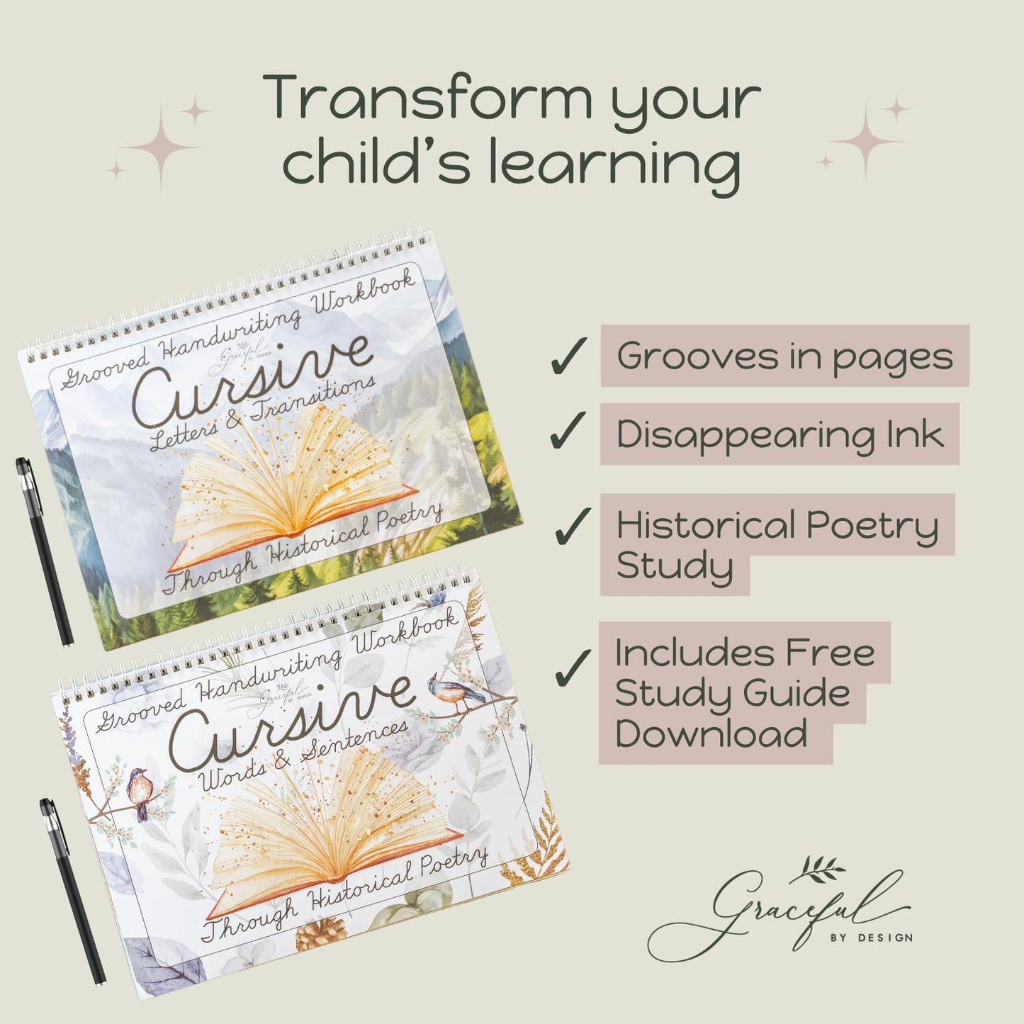 Grooved Cursive Handwriting Workbook – Reusable Practice Book for Kids Ages 8–12, Magic Tracing Workbook by Graceful By Design