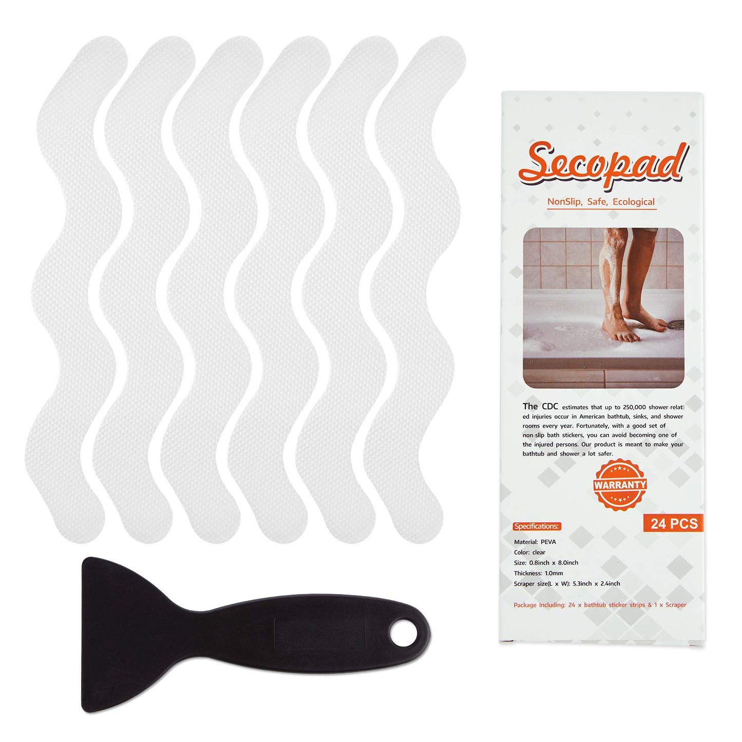 Secopad USA Patented Anti Slip Shower Stickers 24 PCS Safety Bathtub Strips Adhesive Decals with Premium Scraper for Bath Tub Shower Stairs