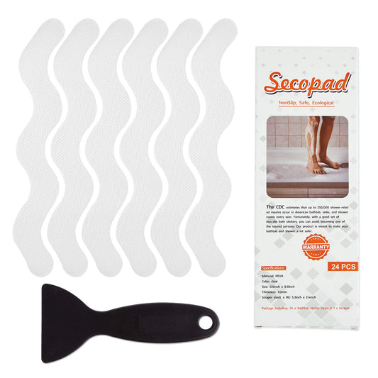 Secopad USA Patented Anti Slip Shower Stickers 24 PCS Safety Bathtub Strips Adhesive Decals with Premium Scraper for Bath Tub Shower Stairs