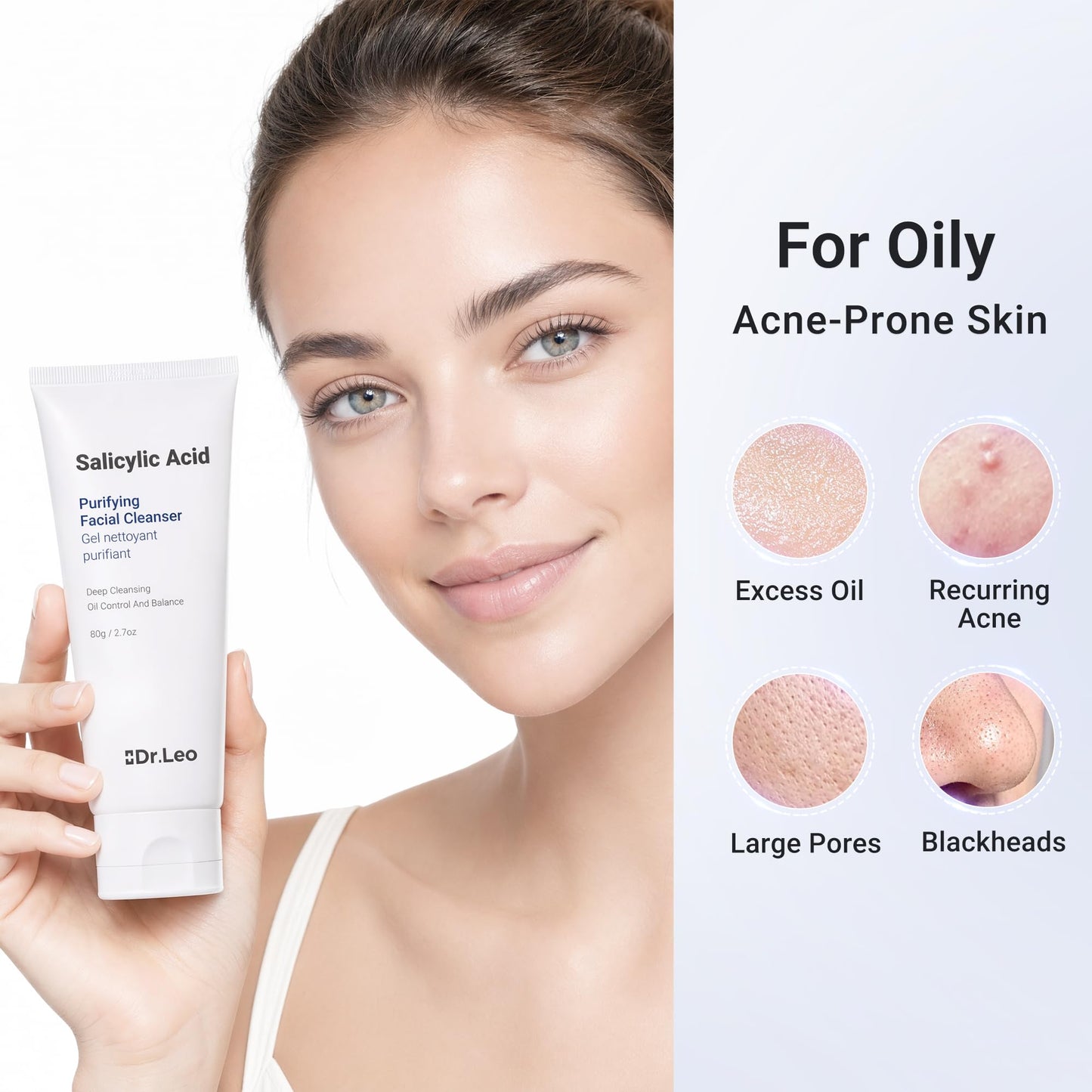 Dr.leo Salicylic Acid Cleanser, Acne Face Wash for Oily Skin - Daily Oil Control, Gentle Plant Extracts, 8 Amino Acids, Deep Cleans Minimizes Pores