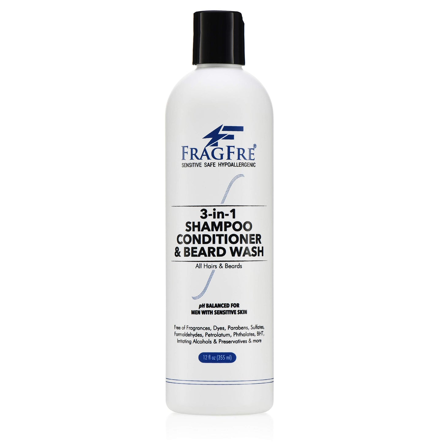FRAGFRE Shampoo Conditioner and Beard Wash for Men, 12 oz - Unscented, Sensitive Skin, 3 in 1 Hair and Beard Cleansing and Conditioning, Grooming