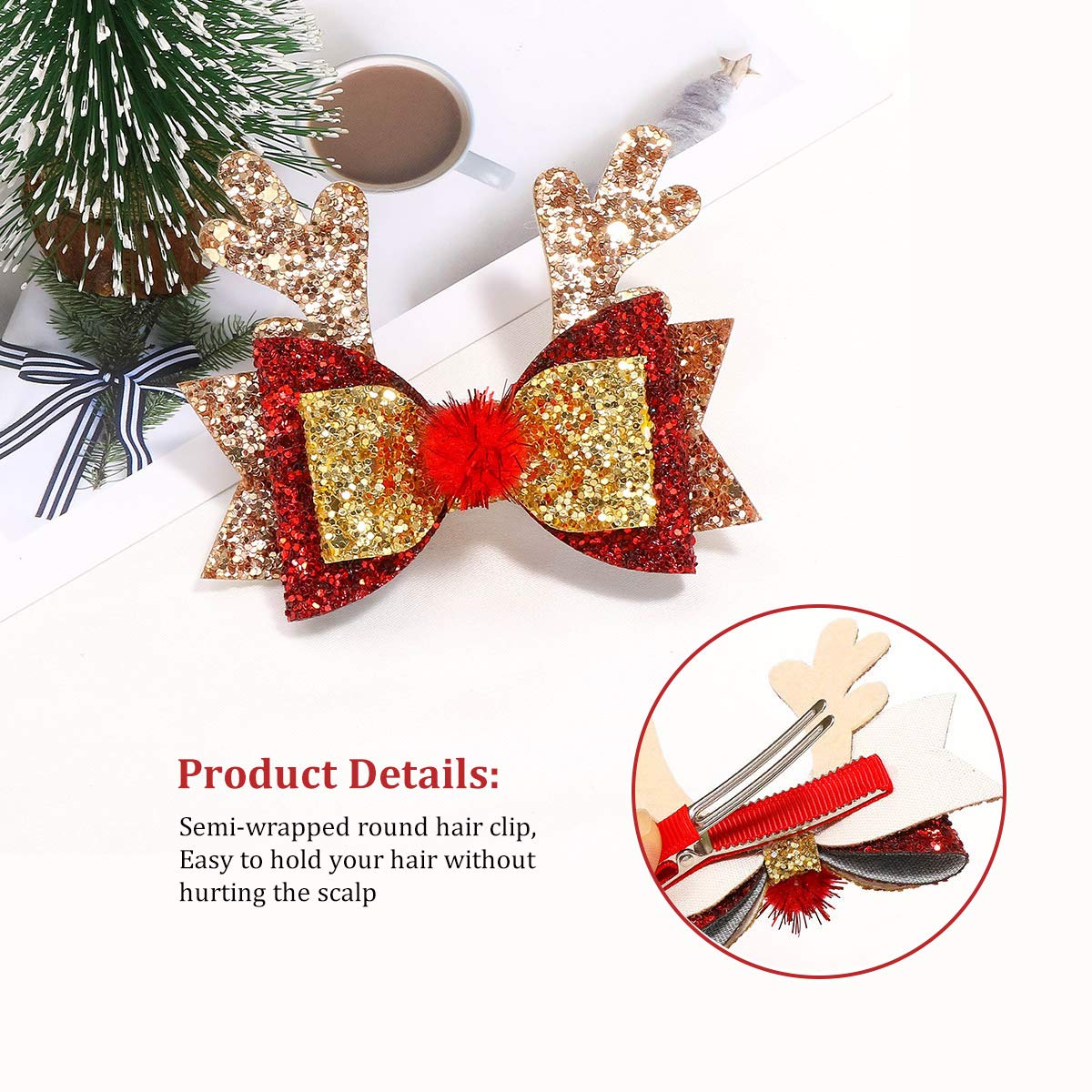 Christmas Bow Hair Clips Antler Girls Hairpins Glitter Hair Barrettes Holiday Cute Hair Accessories Best Gift for Kids