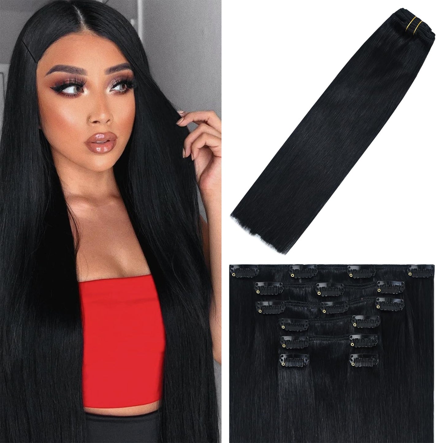 WindTouch Clip in Hair Extensions Real Human Hair Remy Human Hair Clip in Extensions Straight Clip ins Soft No Tangles #1 Jet Black 20 Inch 75g