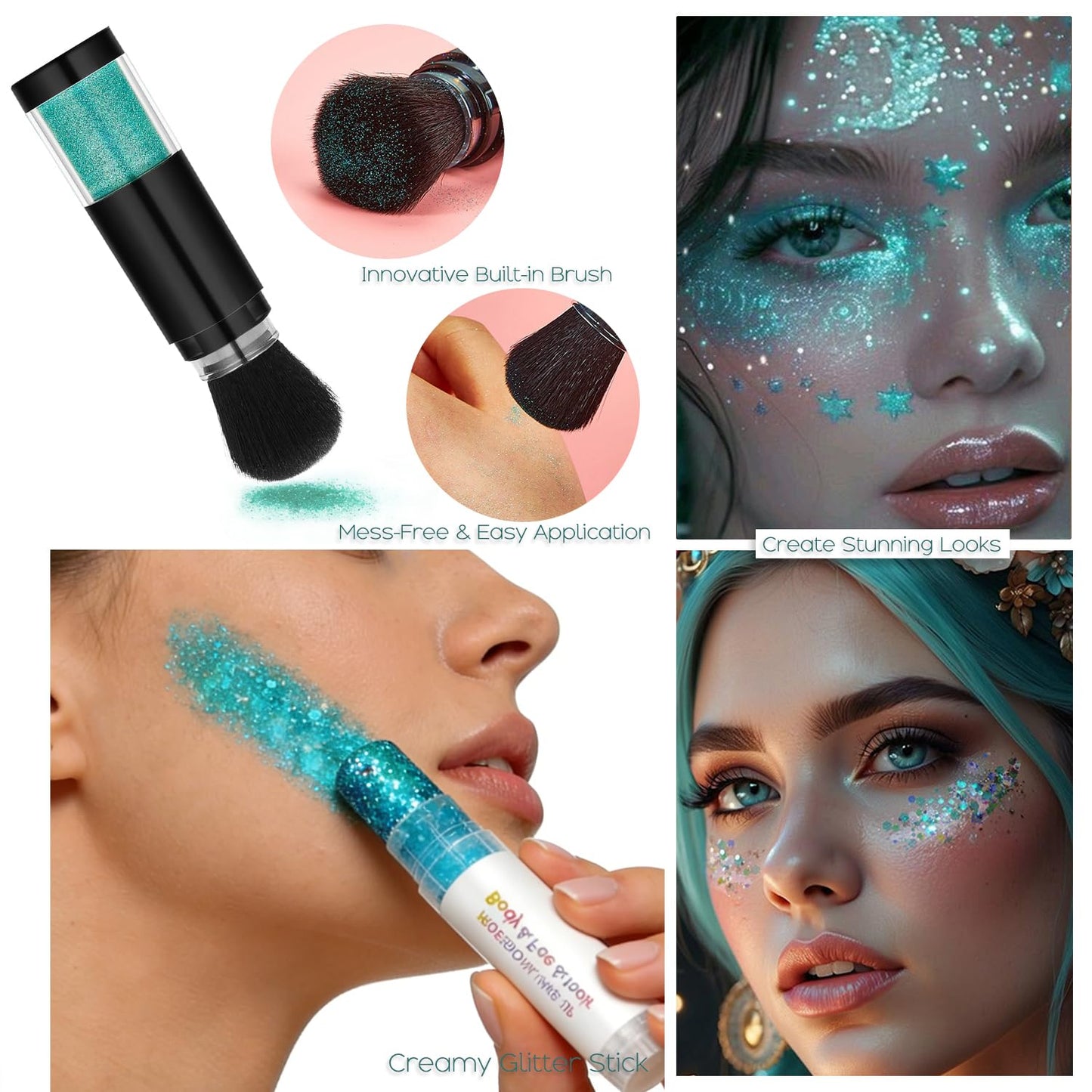 Holographic Mermaid Glitter Makeup Kit: 2-in-1 Body & Face Stick & Loose Powder with Built-in Brush for Festival, Rave, Concert, Carnival | Shimmery