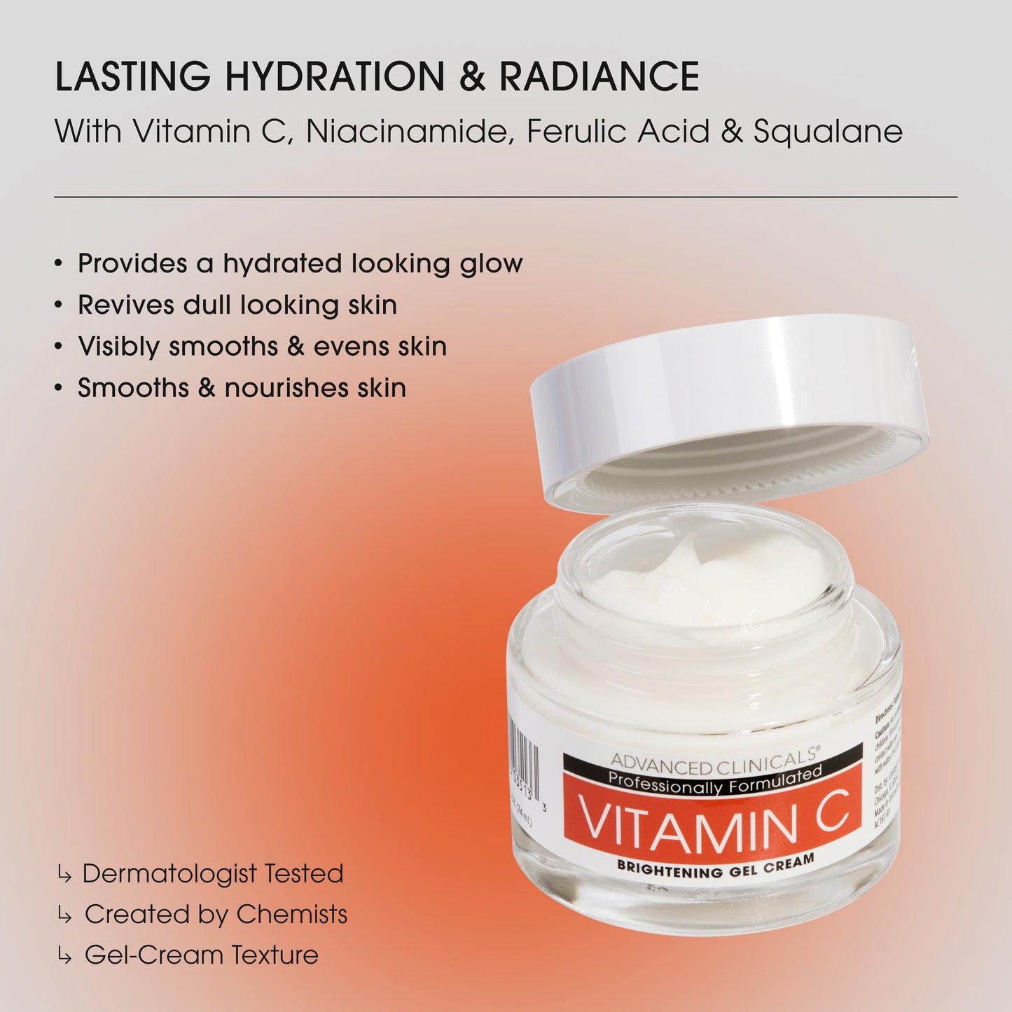 Advanced Clinicals Brightening Vitamin C Face Cream Gel With Niacinamide + Hyaluronic Acid | Vitamin C Moisturizer Lotion For Face Visibly Diminishes