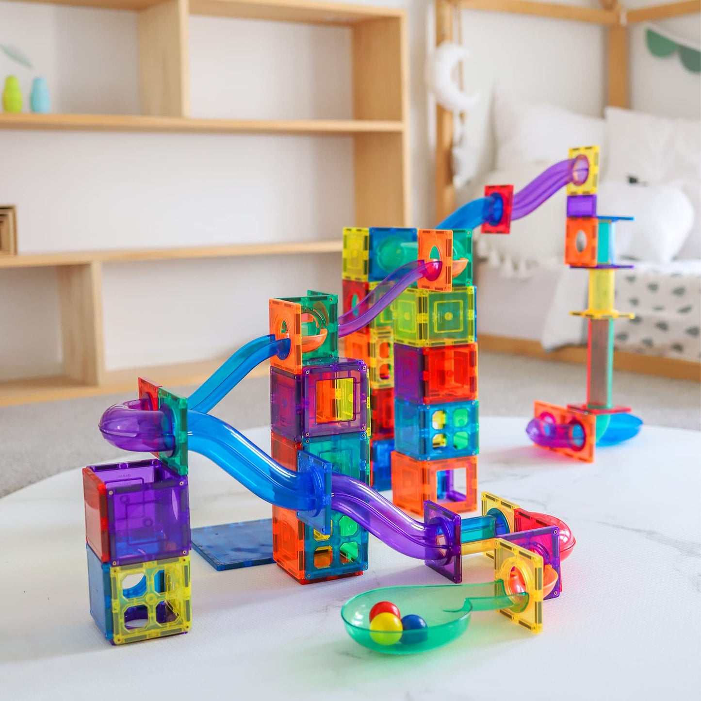 Learn & Grow 88pcs Magnetic Marble Run Expansion – STEM Marble Race Track & Magnet Tile Accessories for Kids Ages 3+ Construction Toy