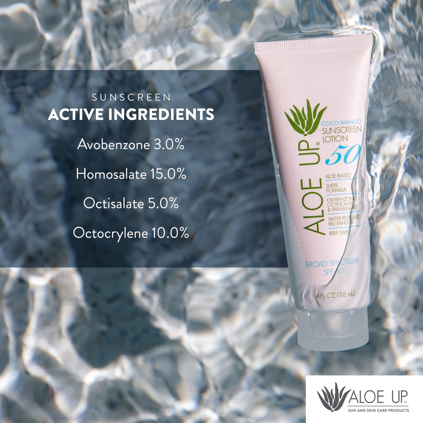 Aloe Up SPF 50 Sunscreen for Sensitive Skin – Broad Spectrum Face & Body Sunblock with Aloe Vera, Reef-Safe, Hydrating Coco-Mango, 4oz