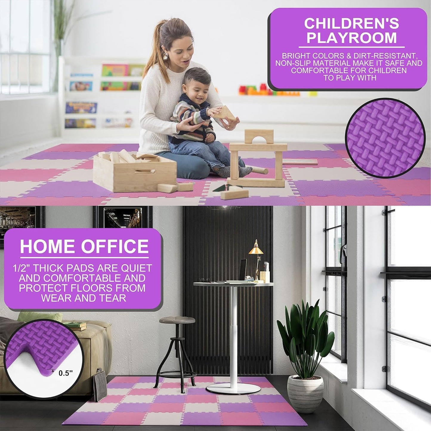 BalanceFrom Puzzle Play Mat – 36 Interlocking Foam Floor Tiles, Pink/Purple/Beige, Soft Playroom Flooring for Indoor & Outdoor Playpen