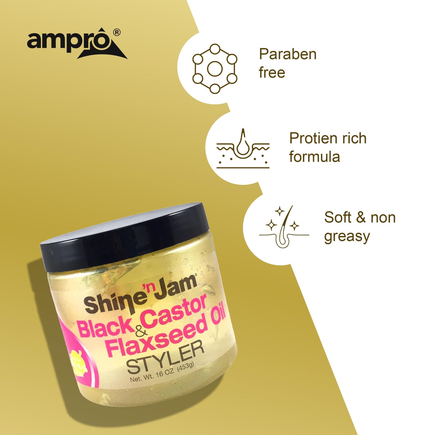 AmPro Shine-n-Jam Castor Oil and Flaxseed Gel - Nourishes Tresses and Adds Shine - Infused With Vitamin E to Condition All Hair Textures - Strengthens