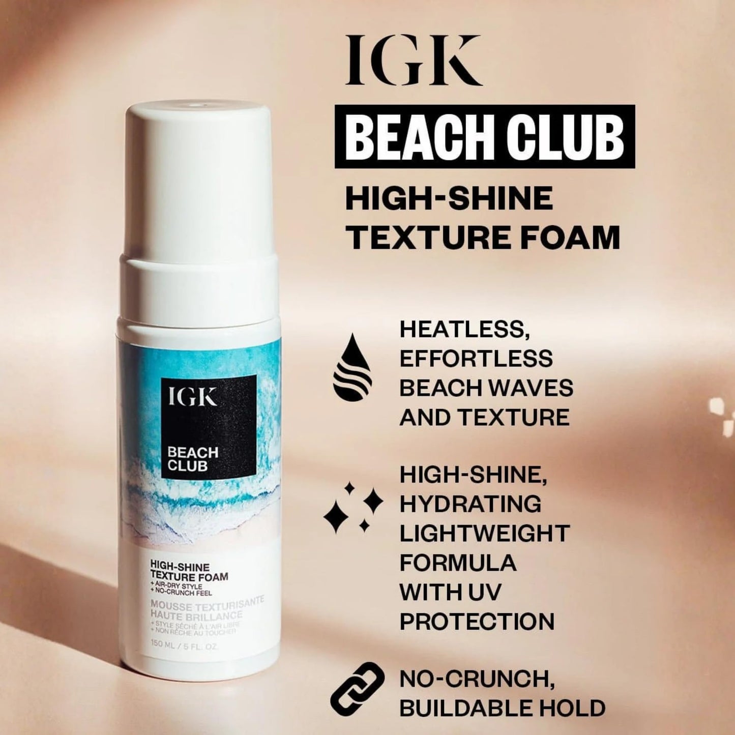 IGK Beach Club High-Shine Texture Foam - Salt-Free Hair Mousse for Beach Waves - Air-Dry Styling Foam for Wavy, Curly & Straight Hair - Anti-Frizz