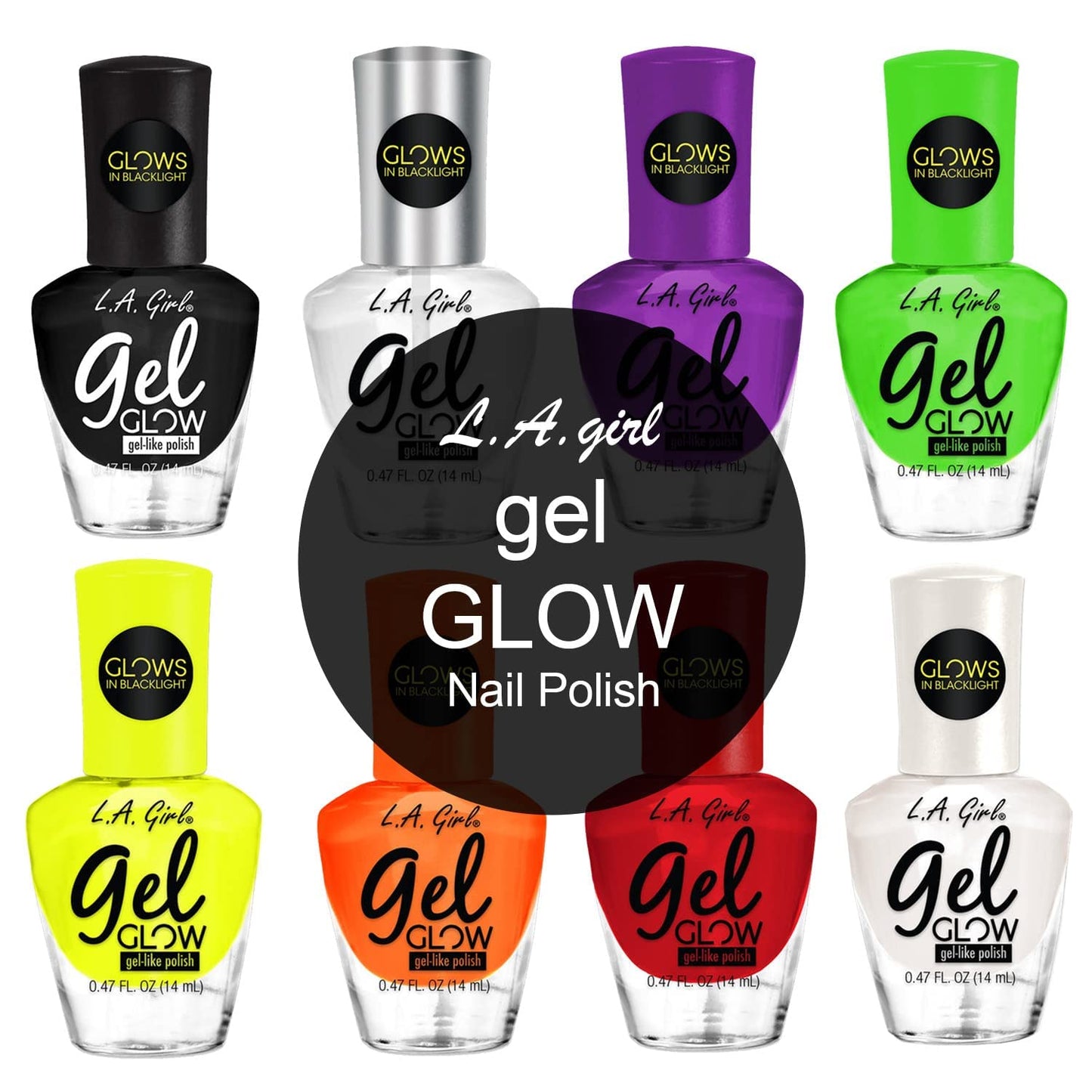 L.A. Girl Gel Glow Nail Polish 0.47 oz- 8 Colors, No UV Light Needed, Gel like Finish Polish (LED Glare) Beauty & Personal Care L.A. COLORS
