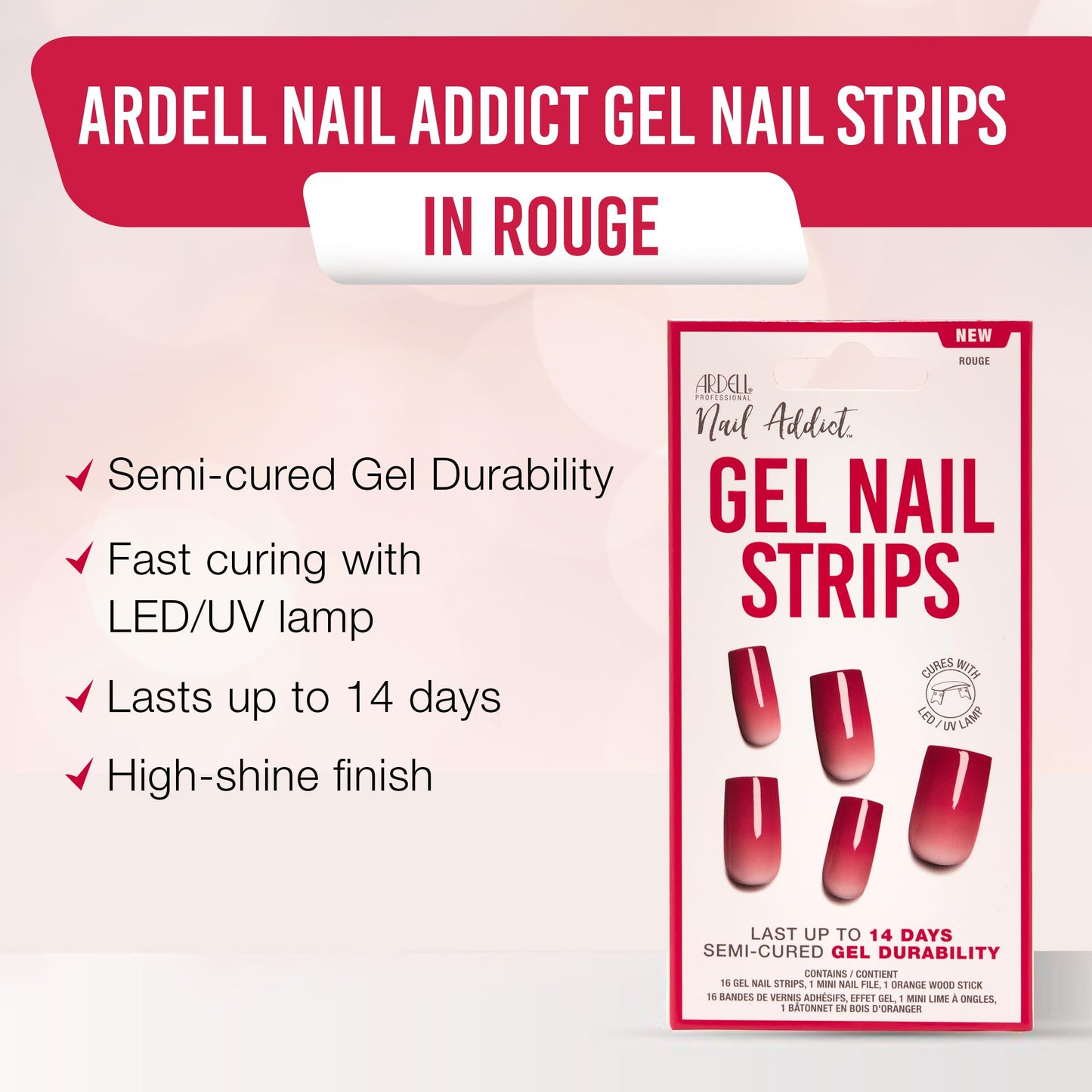 Ardell Nail Addict Semi Cured Gel Nail Strips - Rouge Red, Long-Lasting Wraps, Easy to Apply Nail Stickers, Cures with UV/LED Lamp, 16 Strips, Nails Beauty & Personal Care Ardell
