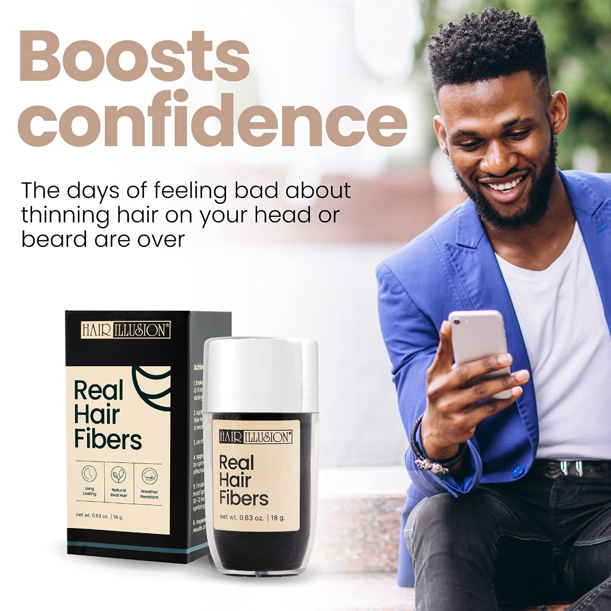 Hair Illusion Black Real Hair Fibers 18g – 100% Natural Texture, Non-Synthetic, Covers Thinning Hair & Bald Spots for Men & Women