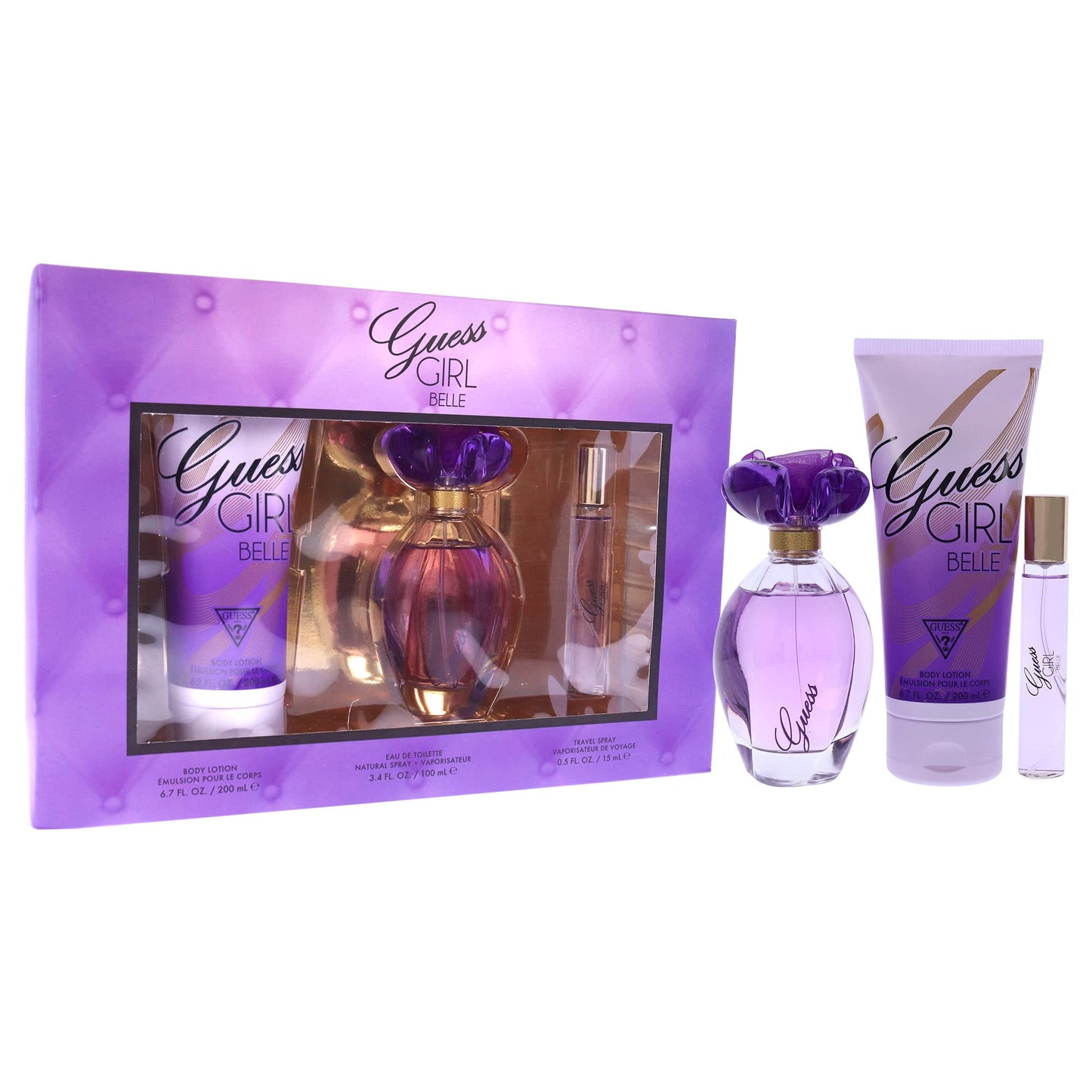 Guess Girl Belle 3 Pc Gift Set 3.4oz EDT Spray, 0.5oz EDP Travel Spray, 6.7oz Body Lotion GIFTSET