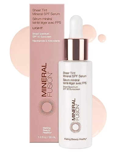 Mineral Fusion Sheer Tint SPF Face Serum (Light) - Tinted Broad Spectrum SPF 50 Mineral Zinc Oxide Sunscreen - Sheer Coverage Makeup, Lightweight & Dewy Finish - With Niacinamide, Aloe Vera - 1 Fl Oz