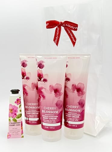 Bath & Body Works Cherry Blossom 4-Piece Gift Set | Includes: Three Ultimate Hydration Body Creams and One Strawberry Pound Cake Hand Cream