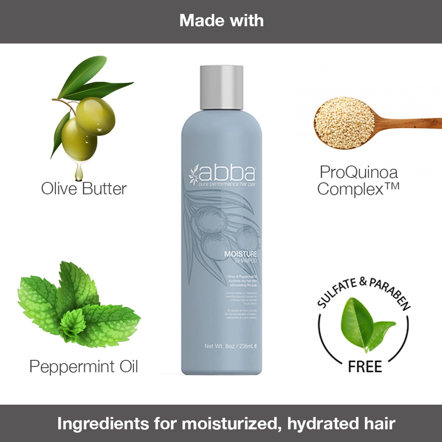 ABBA Moisture Shampoo, Olive & Peppermint Oil, 8 Fl Oz