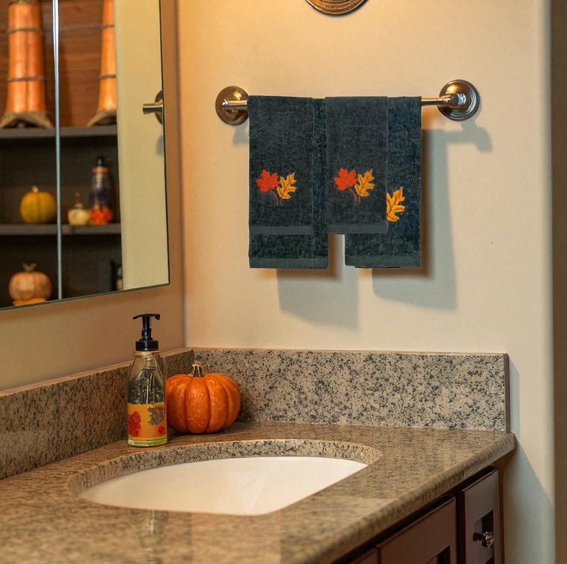 Serafina Home Harvest Fall Tip Towels: Plush Dark Grey Gray Cotton Towels with Autumn Leaf Design Set of 2, 12" x 18" Inch
