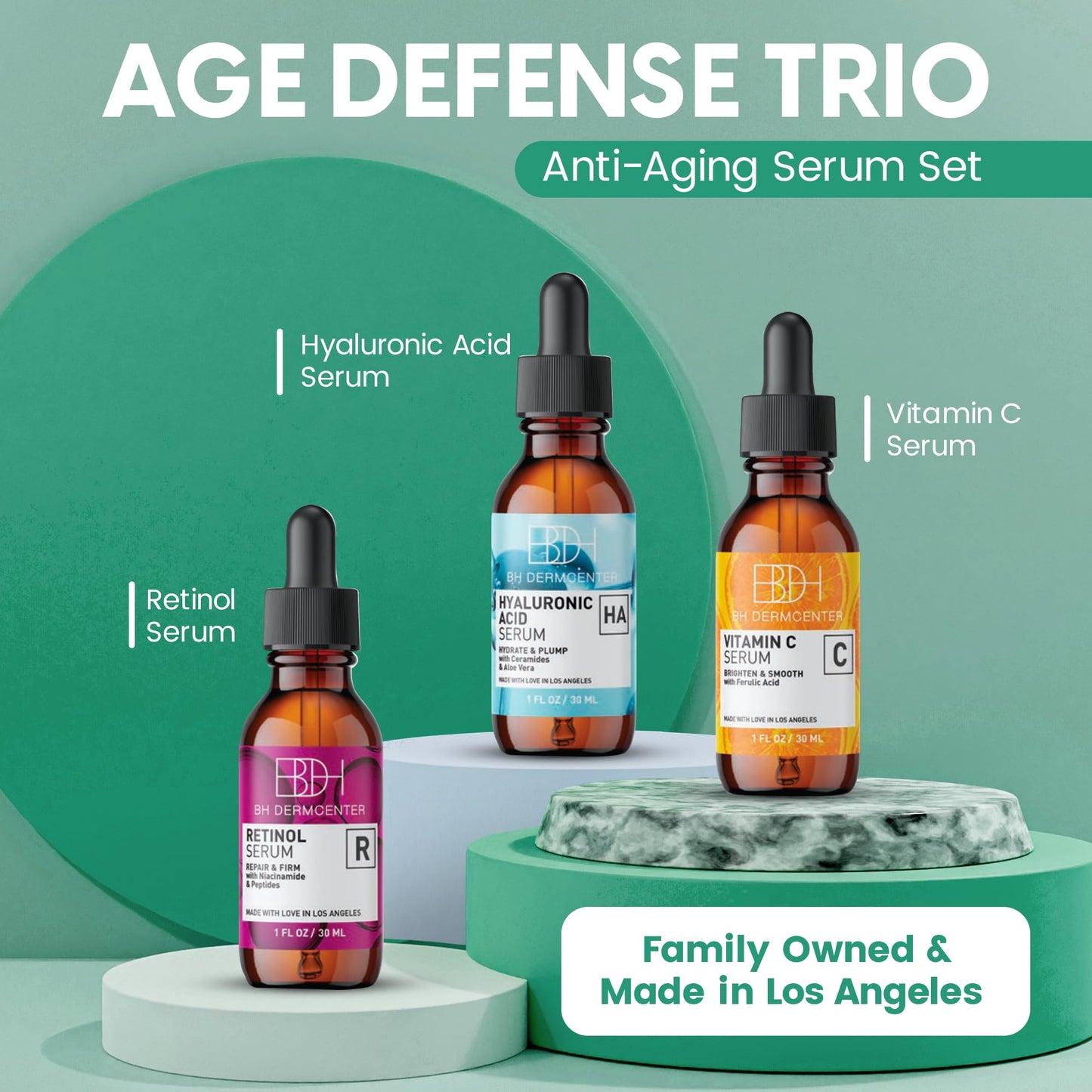 BH Dermcenter Age Defense Trio Anti-Aging Serum Set for Face and Eyes - Vitamin C, Retinol, Hyaluronic Acid Face Serum for Men and Women - 30ml Each