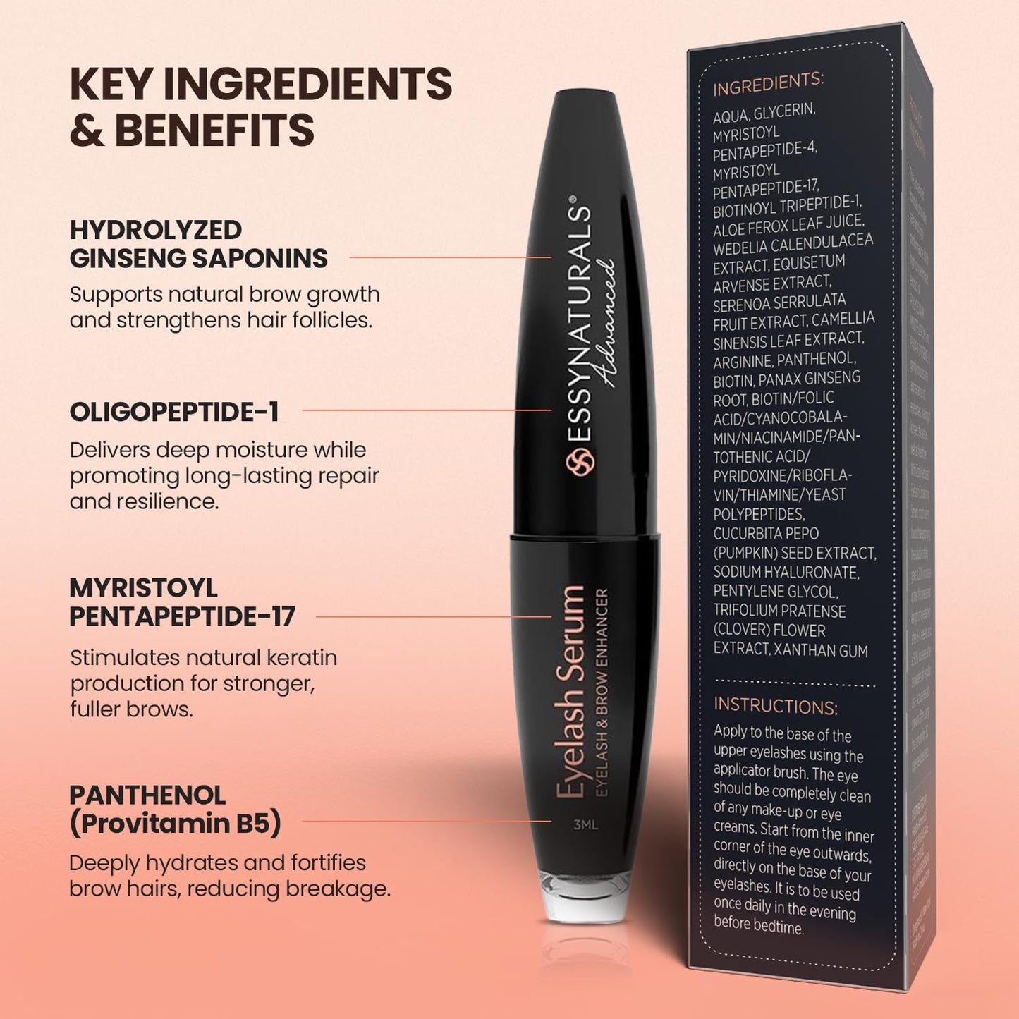 Essynaturals Premium Eyelash Growth Serum for Longer, Fuller, Thicker Lashes