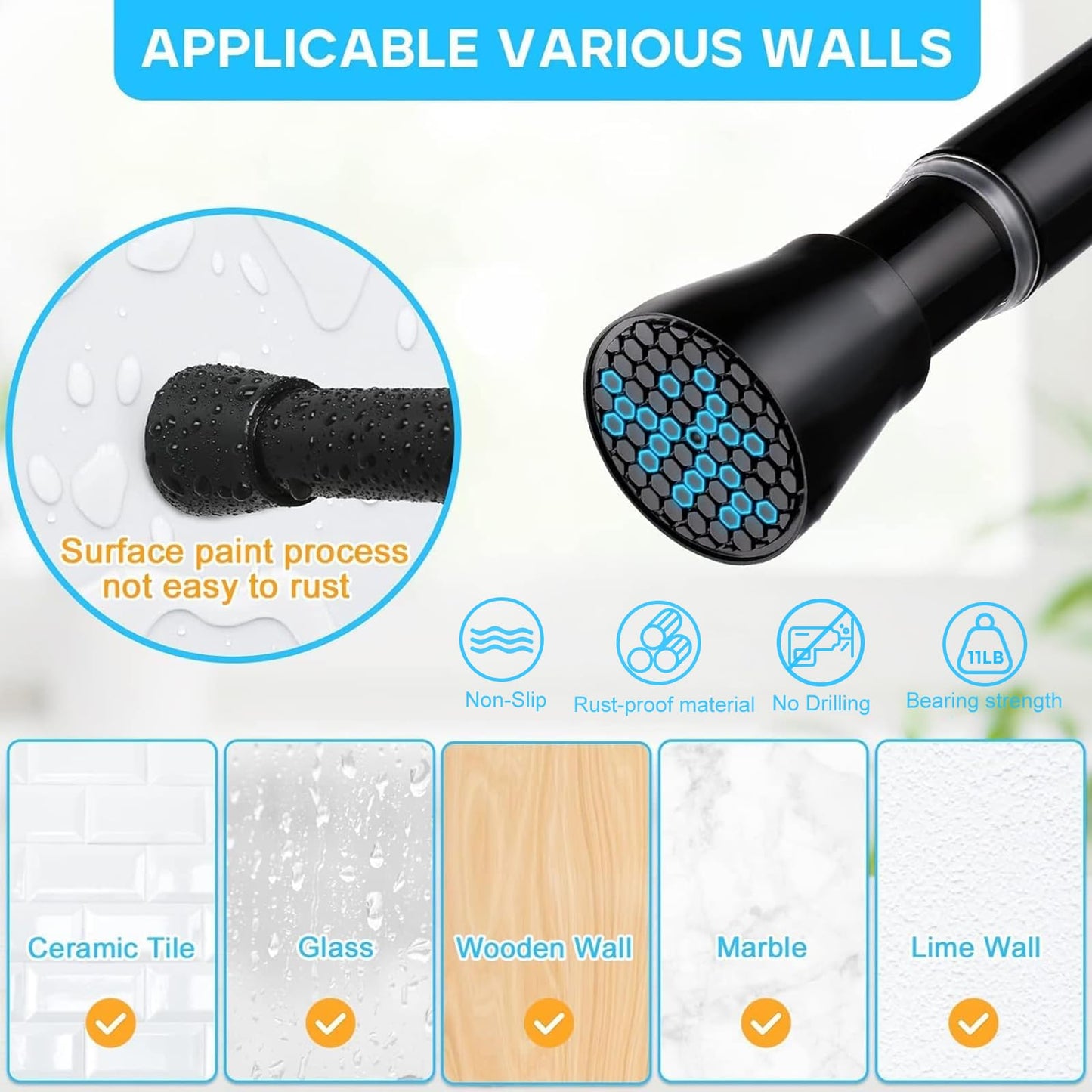 Black Spring Tension Curtain Rod, 28-52 in Adjustable No-Drill Rod, 7/8" Diameter, Heavy Duty Anti-Slip for Shower, Windows, Kitchen & Closet