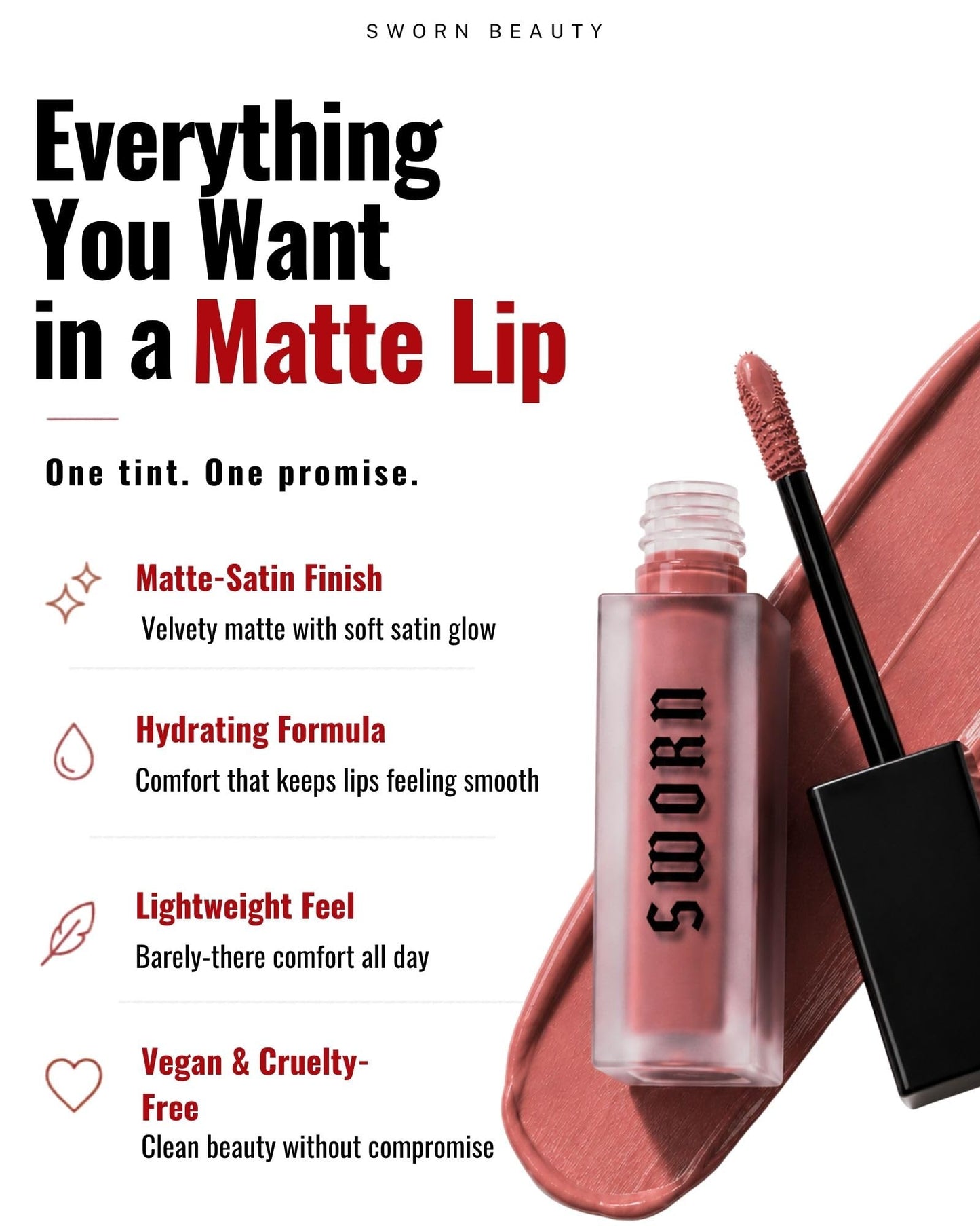 Sworn Beauty Matte Lipstick "Lovers Mauve" by Kenzie Carter - Long Wear Velvet Finish Lip Color, Lightweight Comfortable Formula, High Pigment