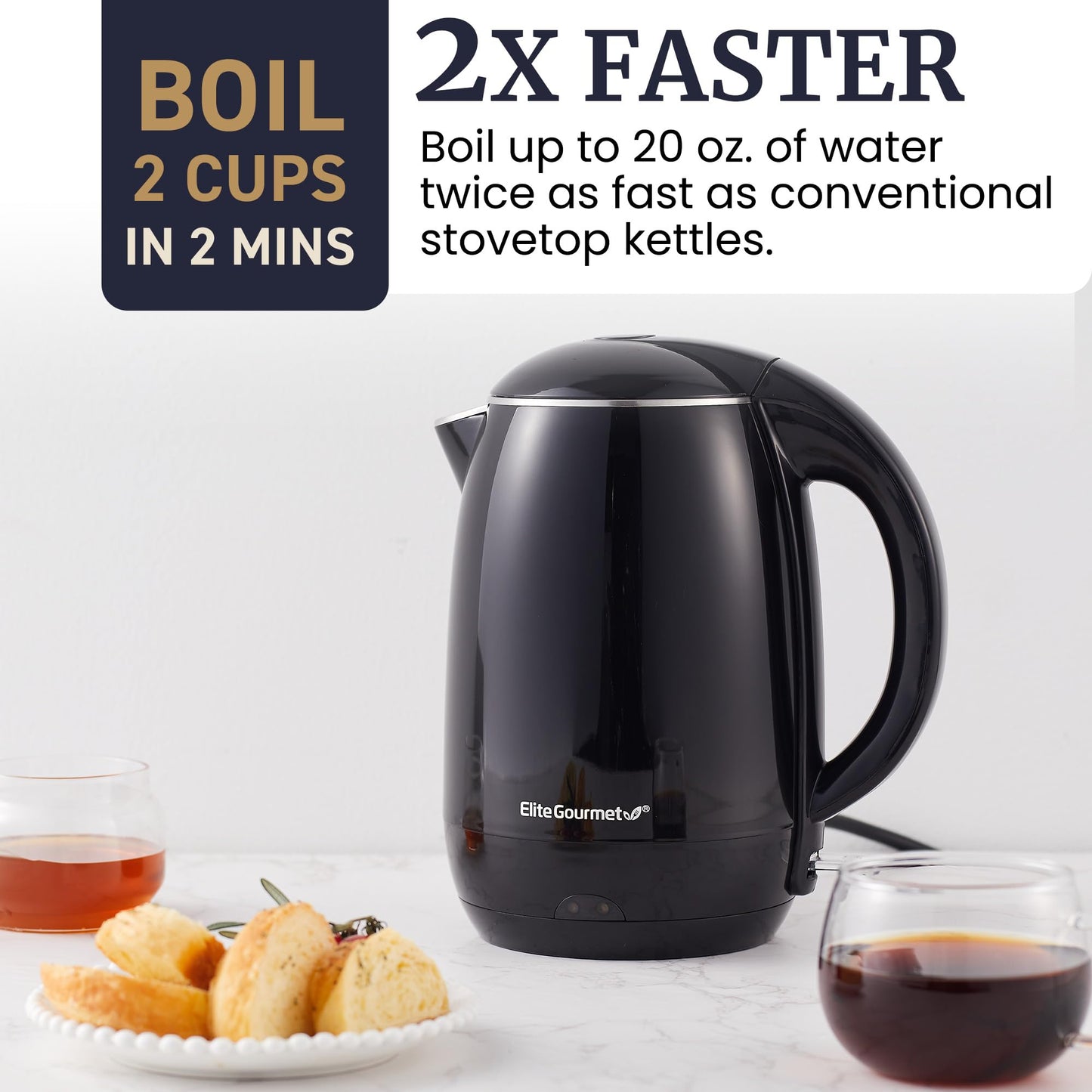 Elite Gourmet EKT1821 1.8L Double Wall Insulated, Cool-Touch 1500W Kettle w/Stainless Steel Interior & Lid, 360° Swivel Base for Cord Free Serving…