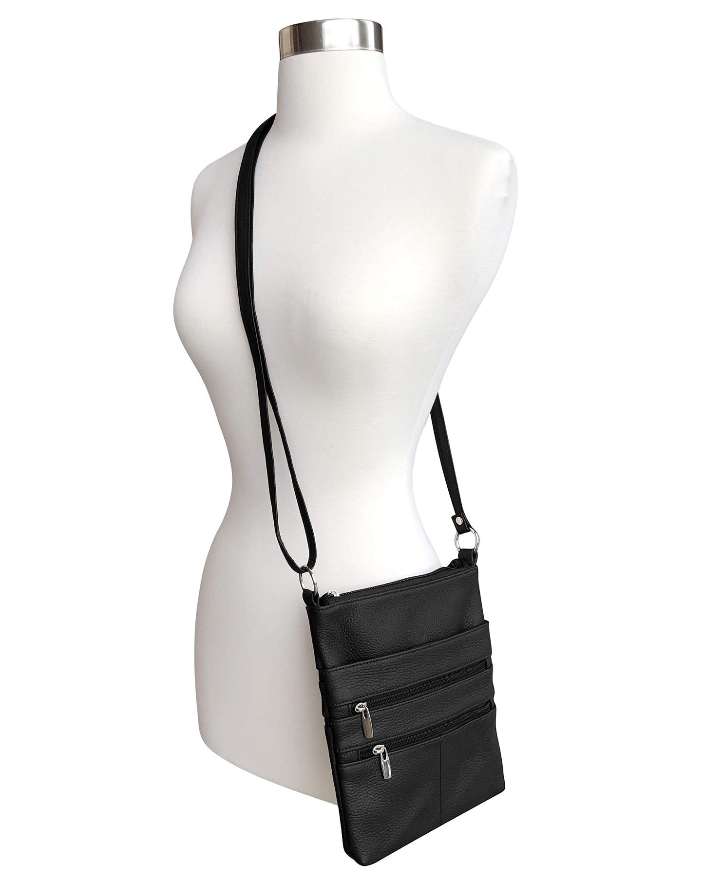 Roma Leathers Mini Cross Body Purse - Multi Pocket Double Zipper Handbag - Premium Black Leather - Adjustable Shoulder Strap - Convenient Travel Bag…