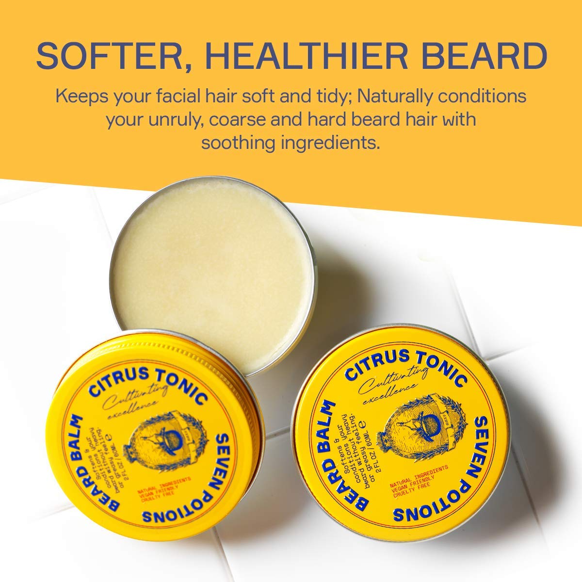 SEVEN POTIONS Beard Balm for Men - Conditioning Softener to Nourish Skin, Facial Hair, and Stop Beard Itch - All-Natural, Vegan, Cruelty Free - Citrus