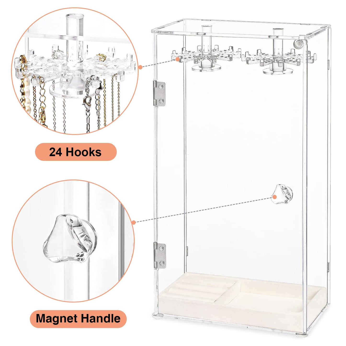 Necklace Holder, Acrylic Jewelry Organizer with 24 Hooks, Rotation Clear Necklaces Pendant Display Case Stand, Dust-proof Velvet Tray Hanging Rack…