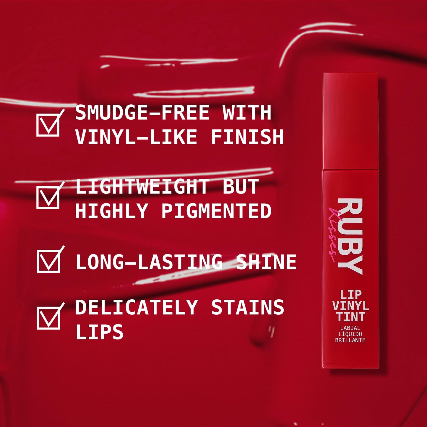Ruby Kisses Lip Vinyl Tint - High-Pigment, Transfer-Proof, Smudge-Proof Liquid Lipstick, Soft-Satin Shine, Lightweight Makeup, Long-Lasting Lip-gloss