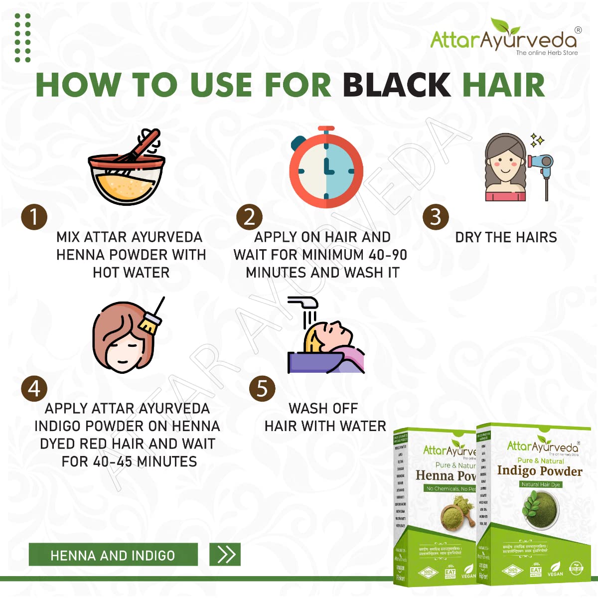Attar Ayurveda Natural Hair Dye Combo - Black Henna and Indigo Powders (400 Grams Total) - 14 Ounce Pack