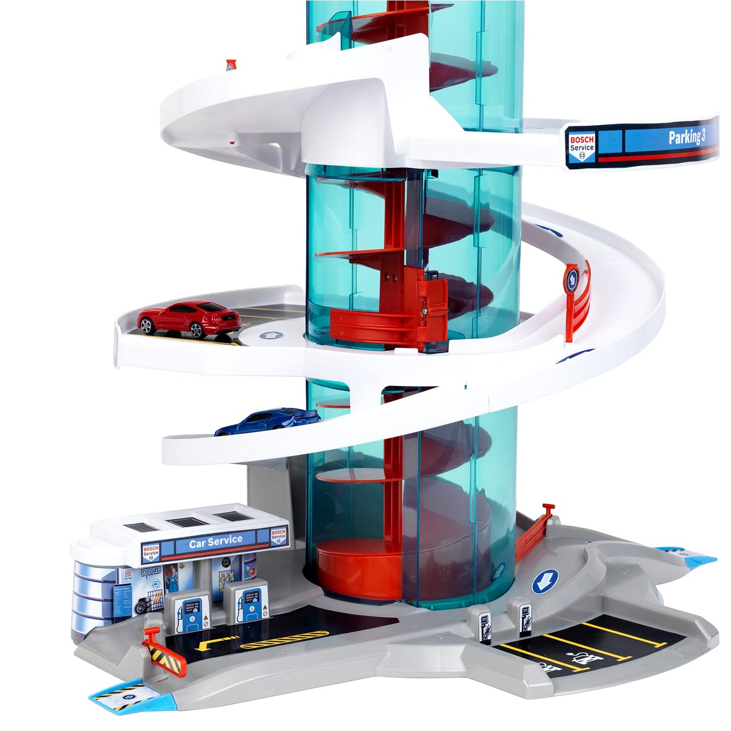 Theo Klein Bosch Car Service Helix Shaped Multi Story Parking Garage Pretend Playset Toy with 2 Toy Cars for Kids Aged 3 and Up