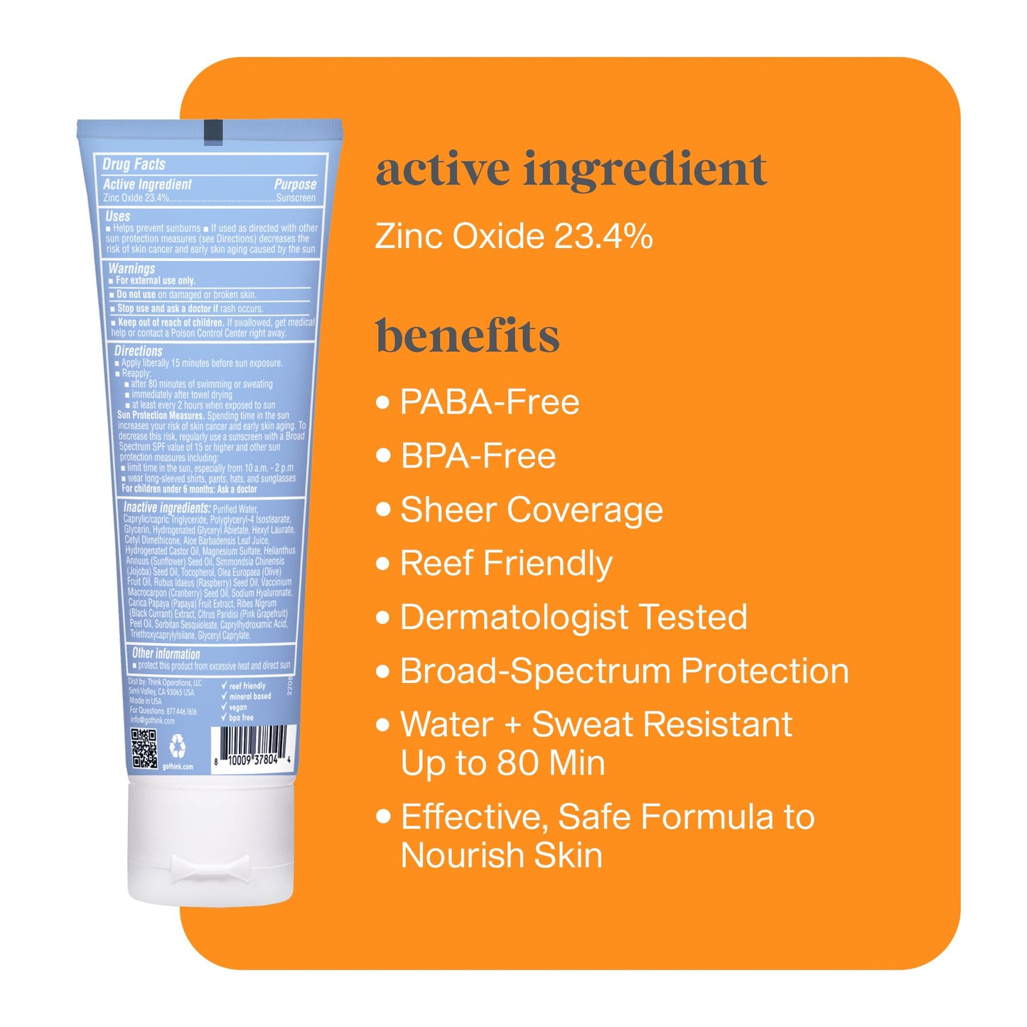 Thinksport SPF 50+ Mineral Sunscreen with Clear Zinc Oxide, 3 Fl Oz - Safe, Natural, Water Resistant, Broad Spectrum UVA/UVB Sun Screen for Sun