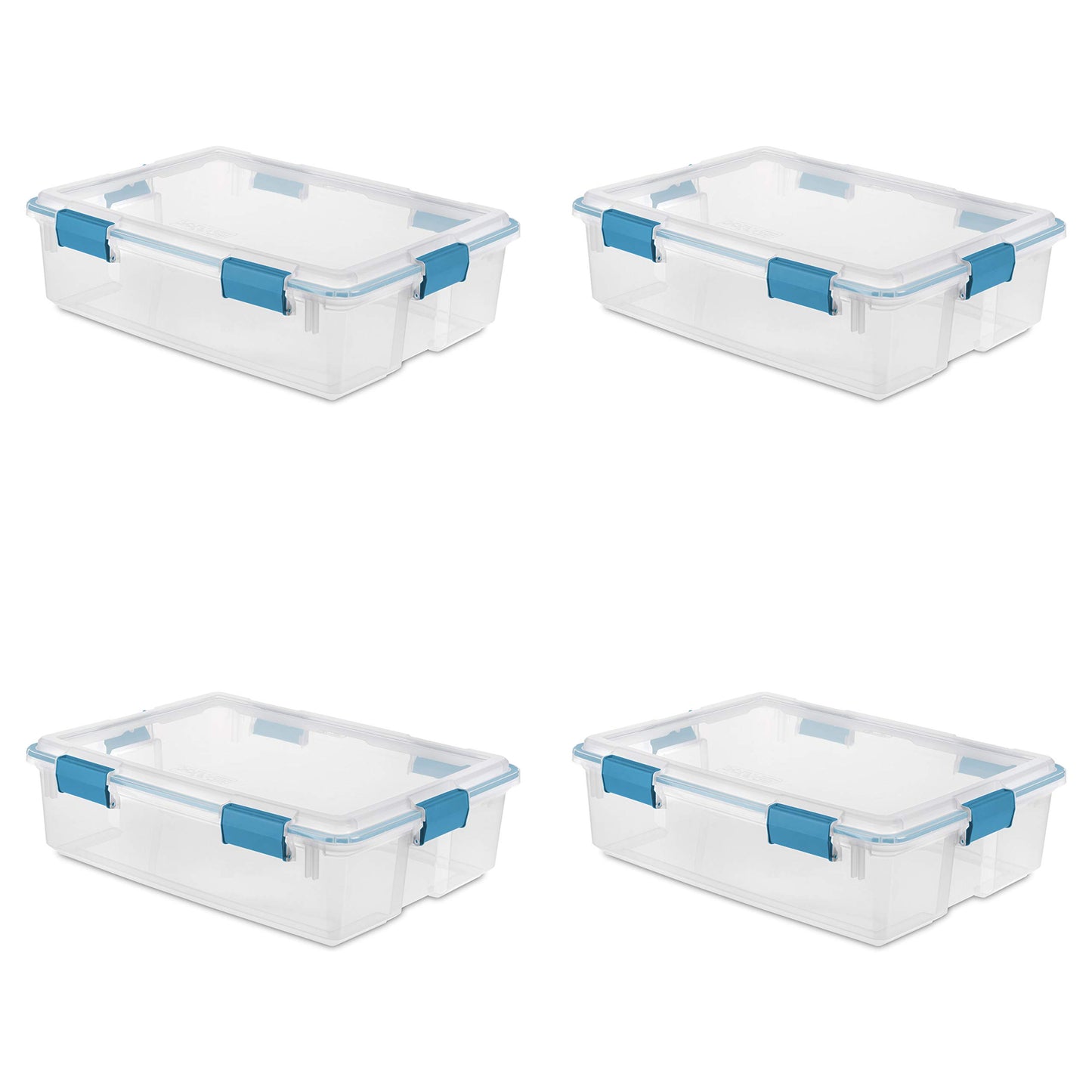Sterilite 37 Qt Gasket Box, Stackable Storage Bin with Latching Lid and Tight Seal, Plastic Container to Organize Underbed, Clear Base and Lid, 4-Pack
