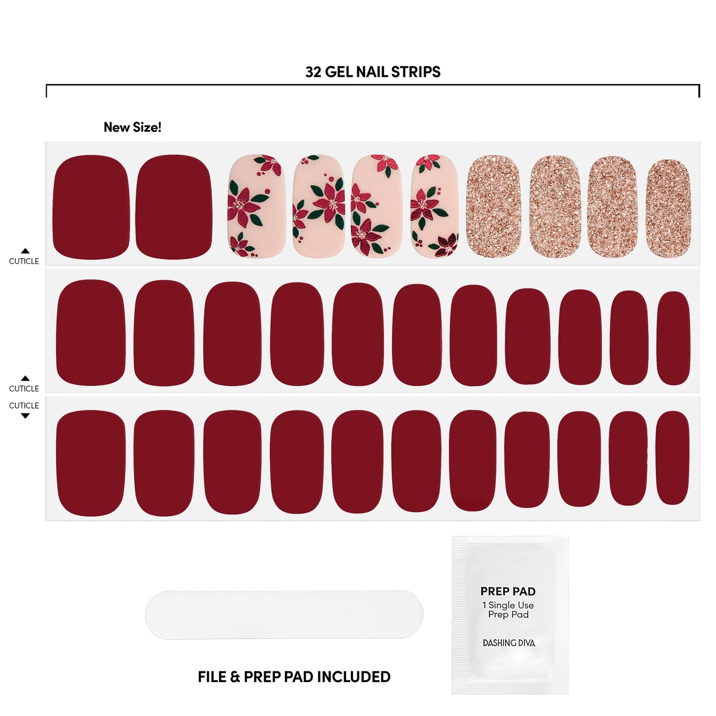 Dashing Diva Gloss Nail Strips - Poinsettia Princess - UV Free, Chip Resistant, Long Lasting Gel Nail Stickers - 3-Piece Manicure Set - Contains 32 Beauty & Personal Care Dashing Diva