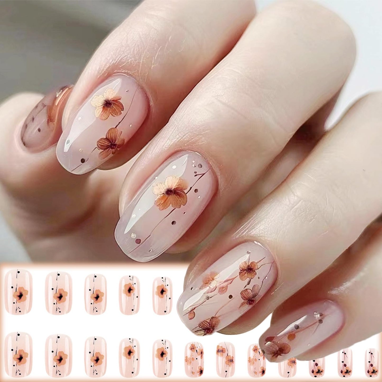 Winter Flower Press on Nails Glossy Brown Flower Acrylic Fake Nails 24Pcs Black Curve Line False Nails Flower Gel Glue on Nails for Manicure Flower Beauty and Personal Care AROVFAM