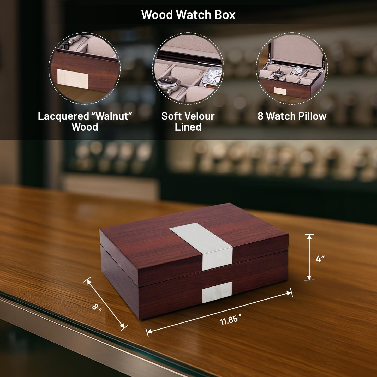 Bey-Berk Lacquered Walnut 8-Slot Watch Box, Solid Wood Watch Display Case with Stainless Steel Accents, Soft Velour Lining and Magnetic Closure…