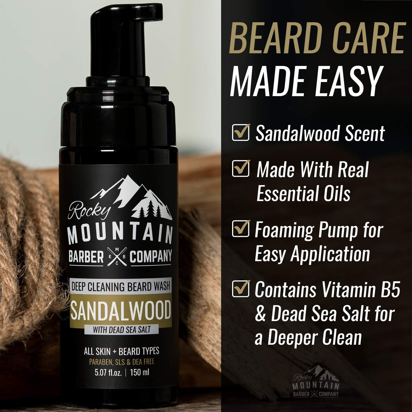 Rocky Mountain Barber Company Foaming Sandalwood Beard Wash - With Sandalwood Essential Oil, Vitamin B5 & Dead Sea Salt - 5 oz