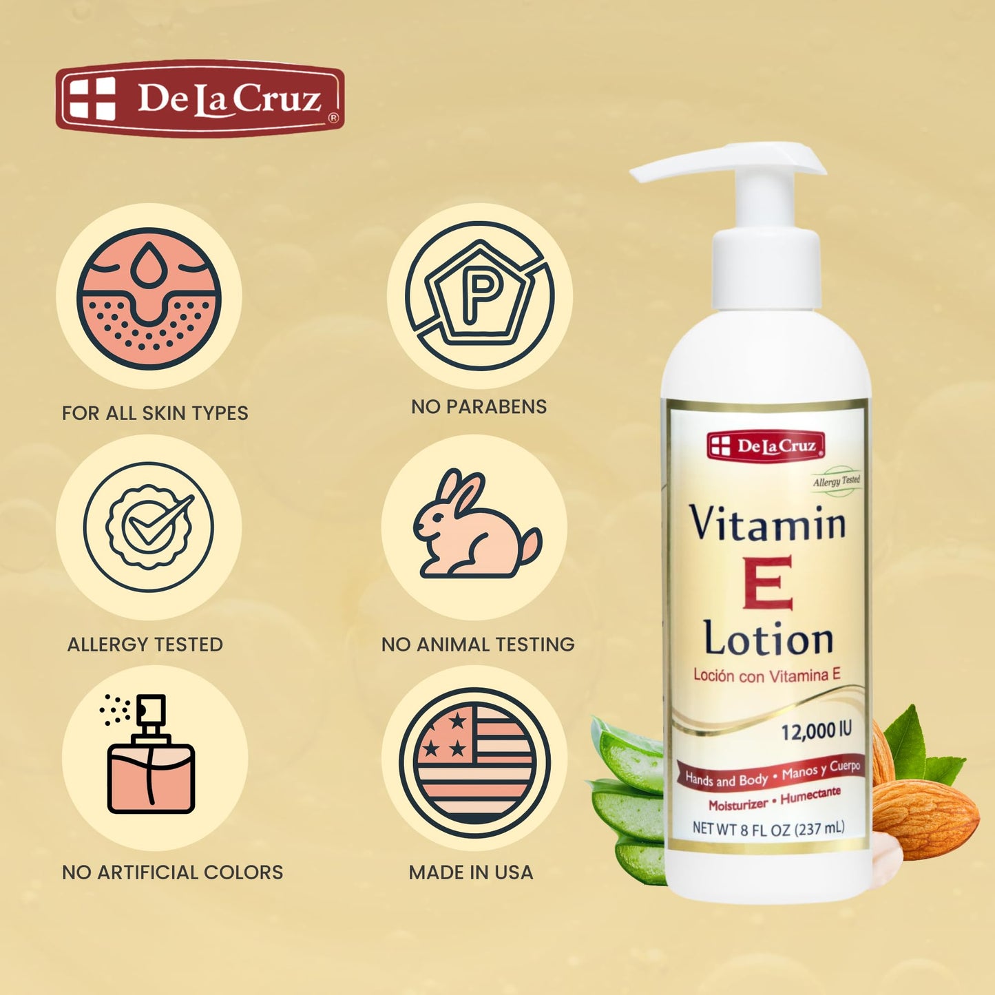 De La Cruz Vitamin E Lotion for Dry Skin 12,000 IU with Avocado Oil, Almond Oil & Aloe Vera.vitamin e moisturizer, Moisturizing body lotion and face