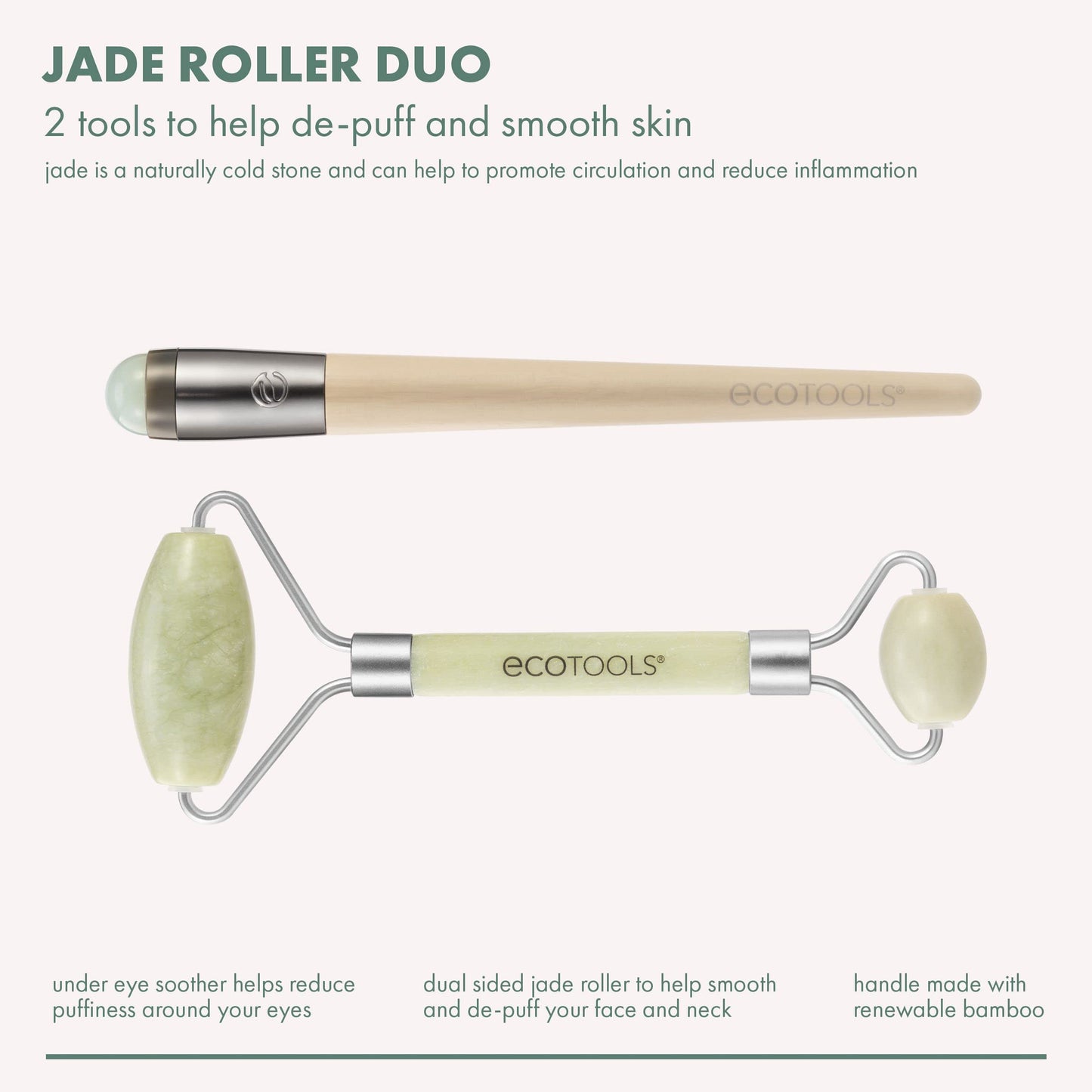 EcoTools Beauty Skin Care Tool Jade Facial Roller and Eye Roller Duo, Face Roller and Massager, Skincare and Sculpting Tool, Reduces Under Eye