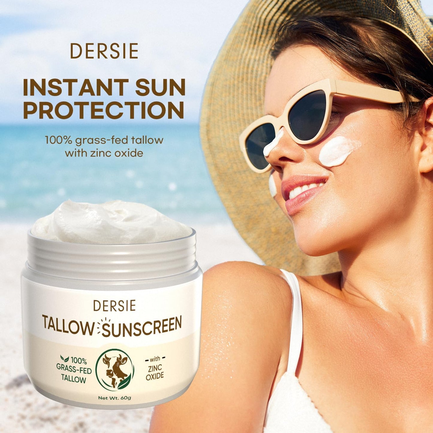 Dersie Tallow Sunscreen SPF 30 - Mineral UV Defense with Non-Nano Zinc Oxide - Face & Body Sun Protection for Adults & Kids - with 100% Grass-Fed Beef