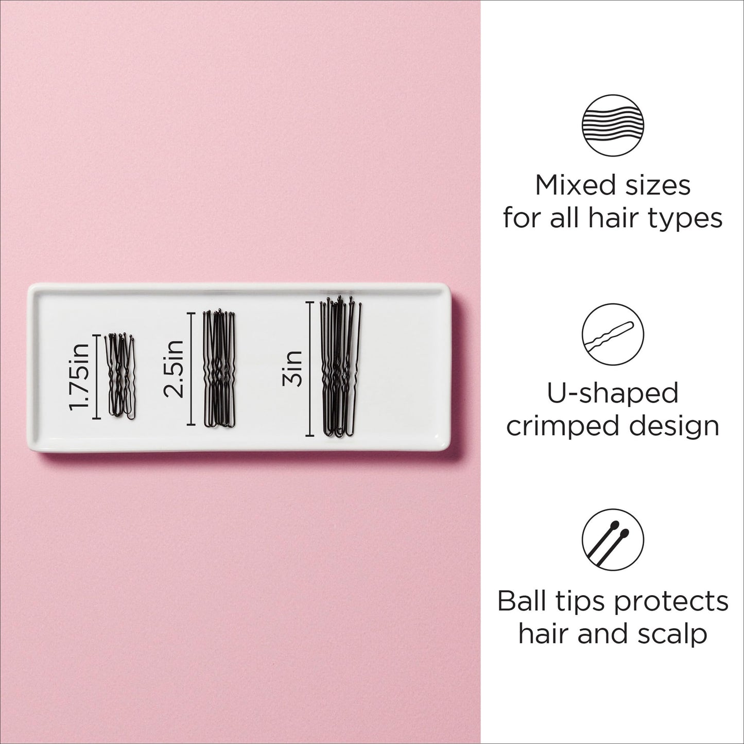 Diane Hair Pins for Women Bulk Pack of 100 Assorted Sizes Jumbo 3, Large 2.5, Medium / Small 1.75 - Black, Crimped Design with Ball Tips, D475-100