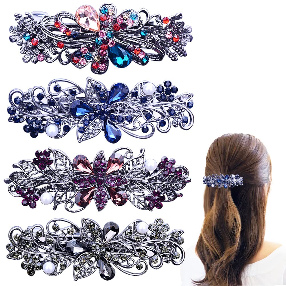 4 PCS Hair Barrettes for Women Ladies, Flower Crystal Rhinestones Barrette Pearl Spring Hair Clip Accessories Women Fashion Ponytail Holders Barrette