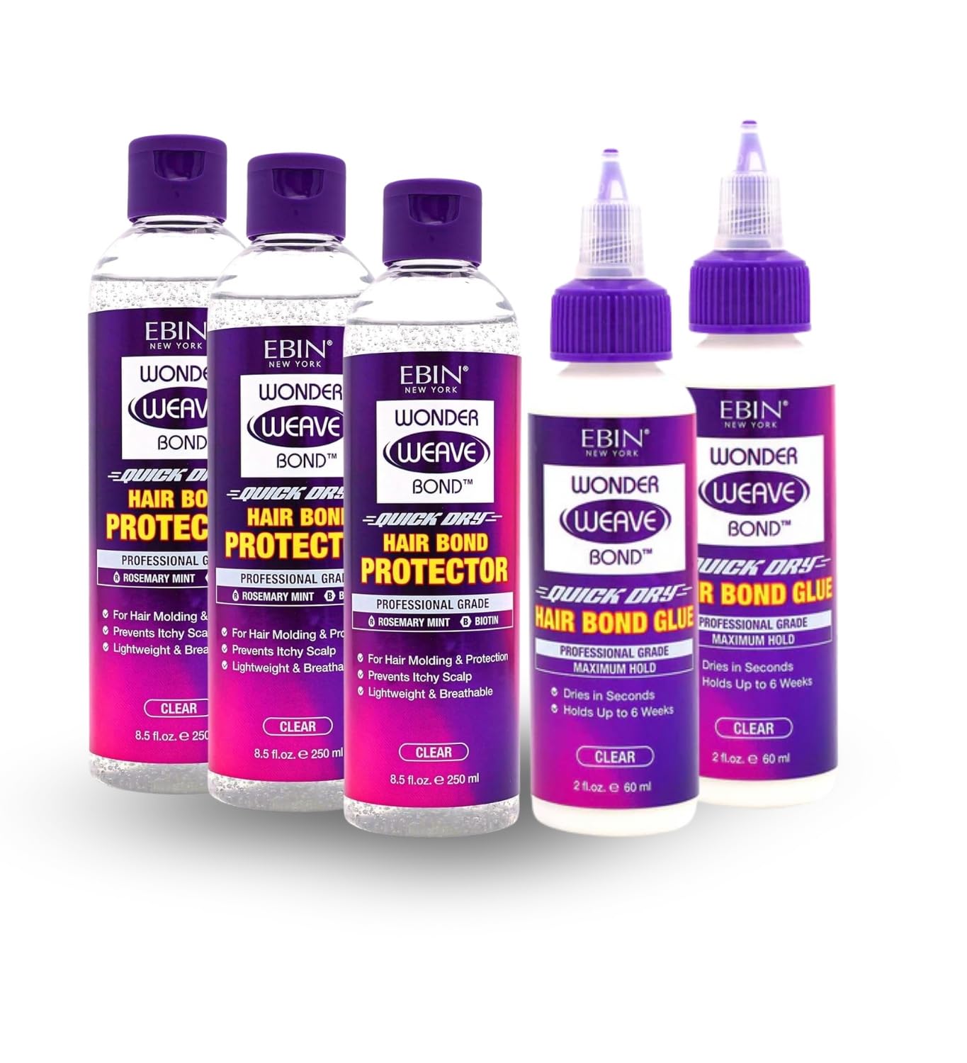 EBIN NEW YORK 3x Wonder Weave Bond Hair Protector (Clear) 8.5 oz Bundle with 2x Hair Bond Glue (Clear) 2 oz Protective Shield & Secure Hold - Seamless