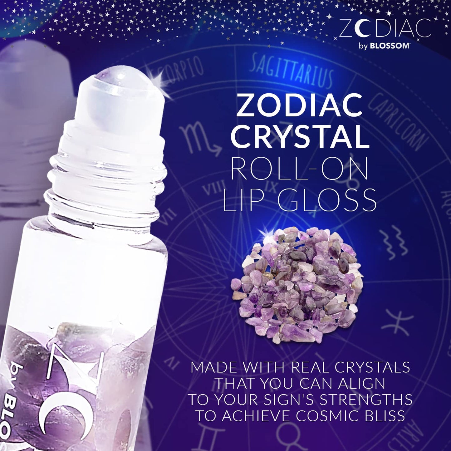 Blossom Lip Gloss Zodiac Sign Vanilla Scented Roll-On Lip Gloss, Moisturizing + Hydrating with Zodiac Crystals, Made in USA, 0.20oz, Sagittarius