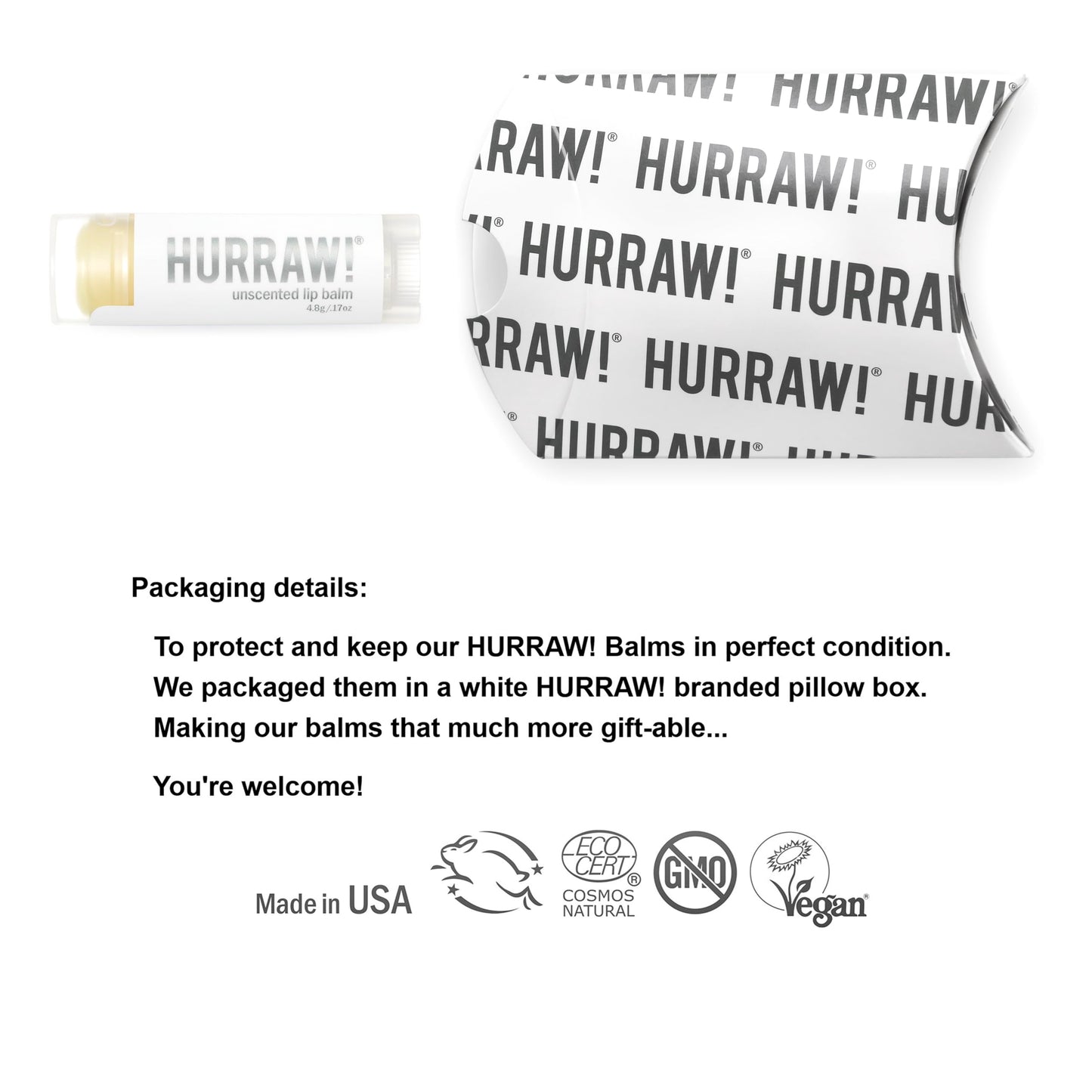 Hurraw! Unscented Lip Balm: Organic, Certified Vegan, Cruelty and Gluten Free. Non-GMO, 100% Natural Ingredients. Bee, Shea, Soy and Palm Free. Made