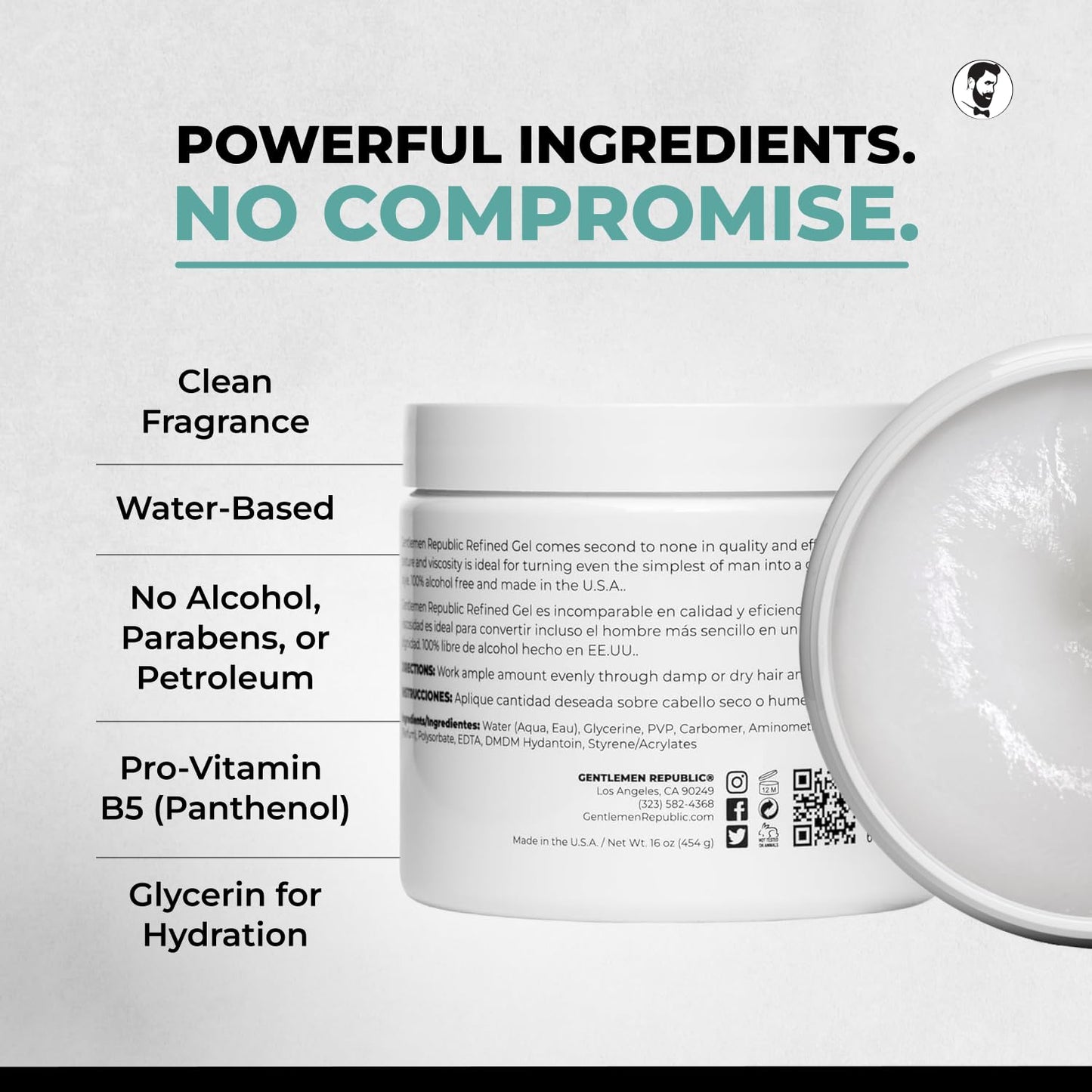 Gentlemen Republic 8oz Refined Hair Gel - Professional Formula for 24 Hour Shine and Hold, Humidity Resistant, 100% Alcohol-Free and Never Flakes