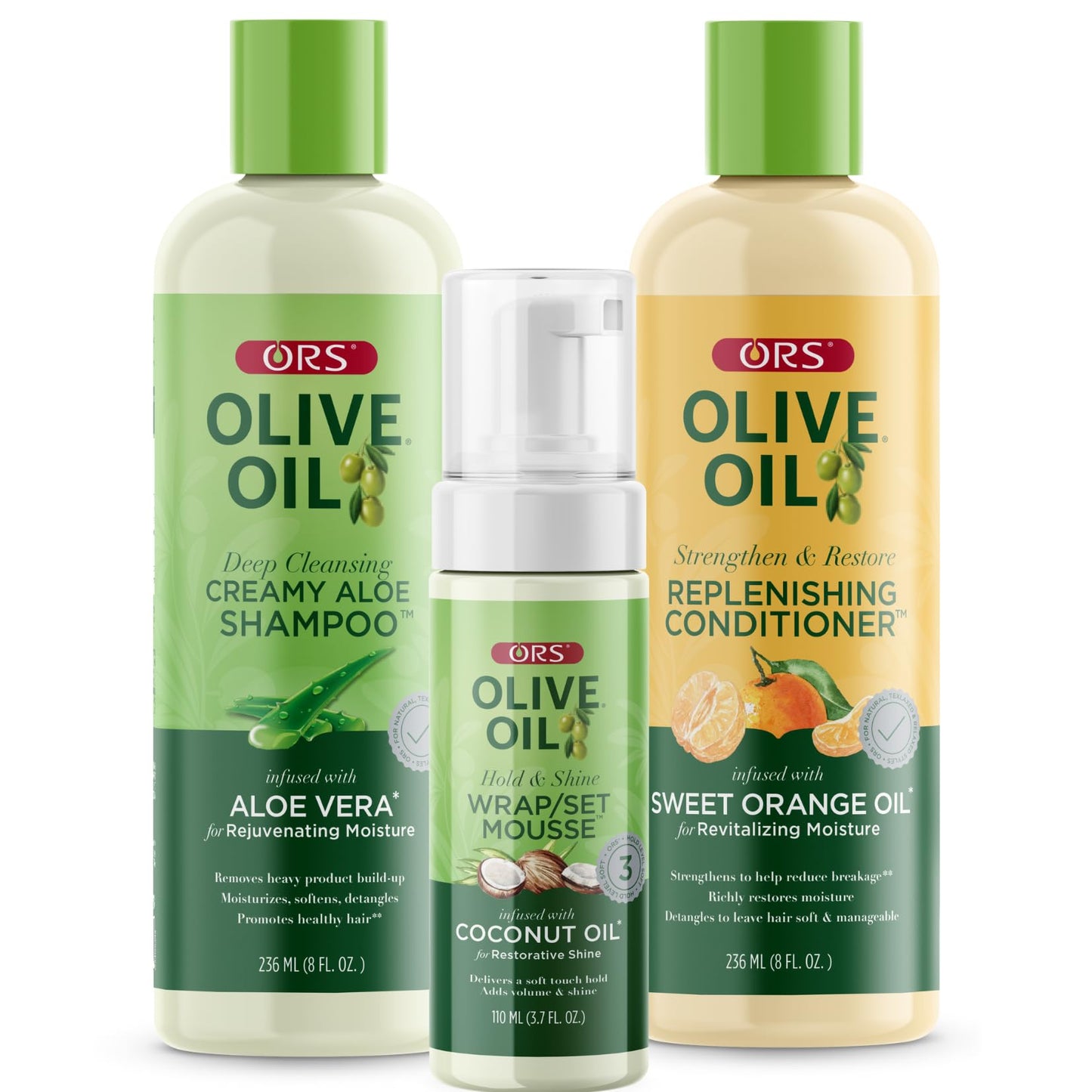 ORS Olive Oil Shampoo, Conditioner & Wrap Set Mousse with Aloe Vera, Orange & Coconut Oil for Healthier Hair (3 Piece Set)